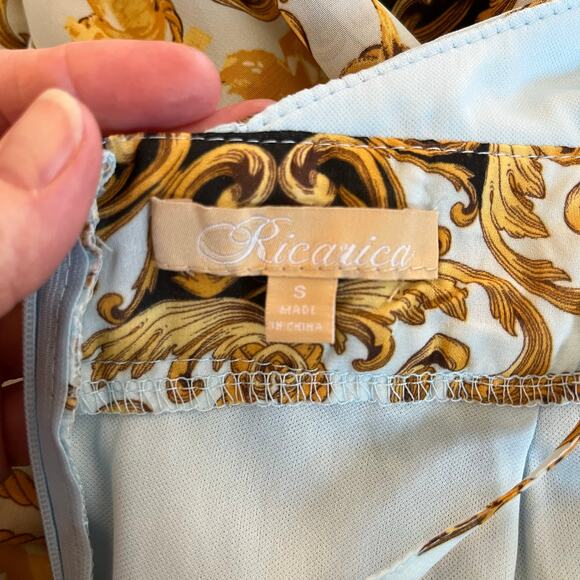 Powder Blue Gold Chiffon Baroque Sleeveless Open Back V-Neck Maxi Dress SM New - Picture 4 of 15